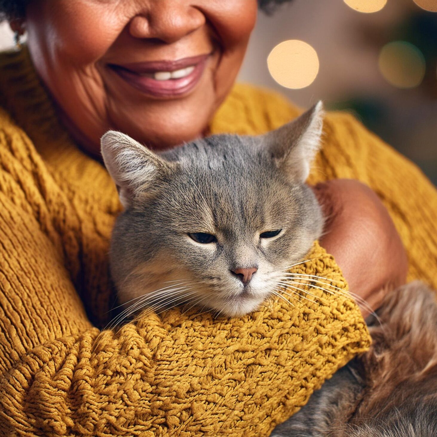 Firefly A close up of a sleeping cat being cradled in the arms of a seated elderly woman. Traditiona (1)