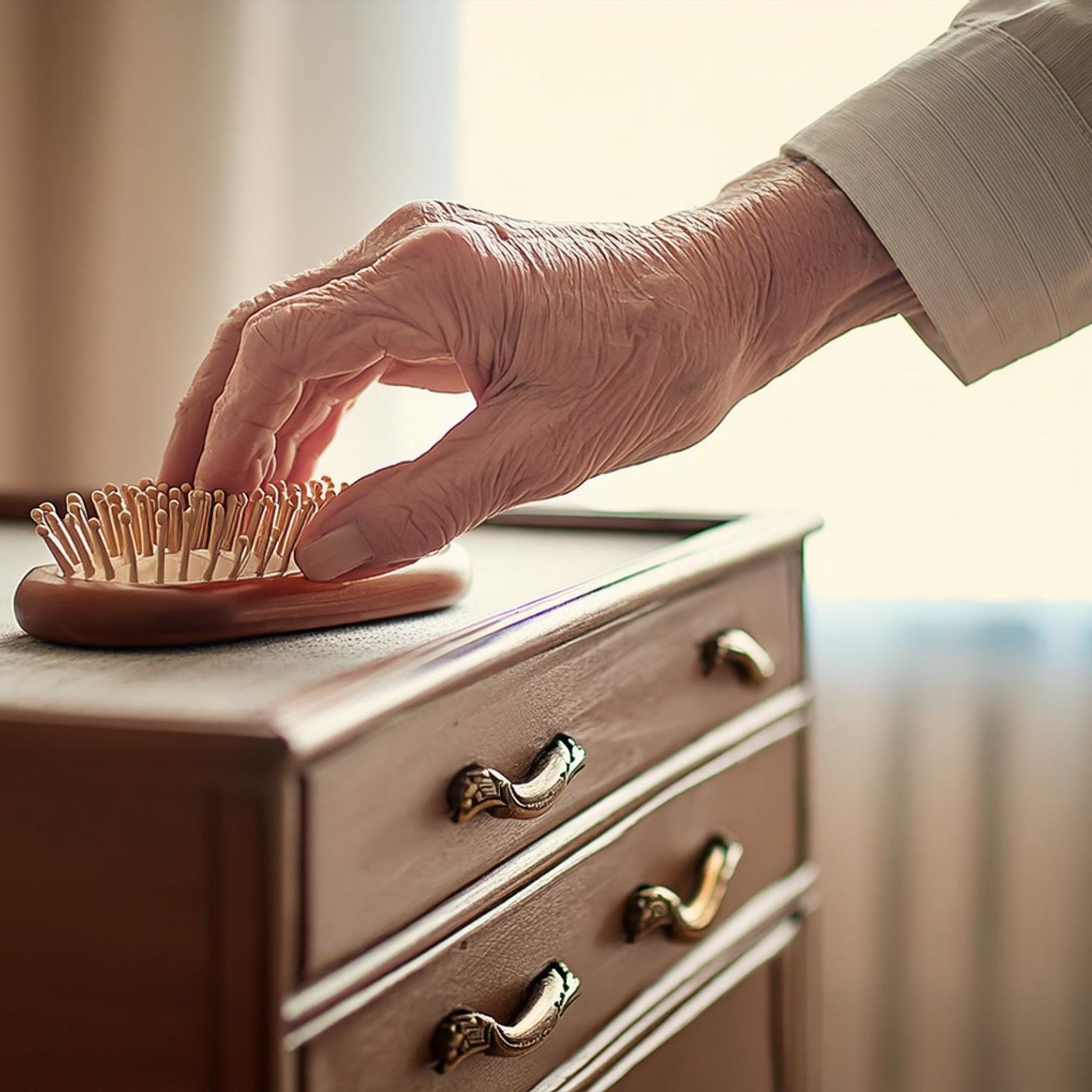 Firefly A very old, Elderly lady's hand picking up a hairbrush off a dresser in a modest bedroom. Wi (2)