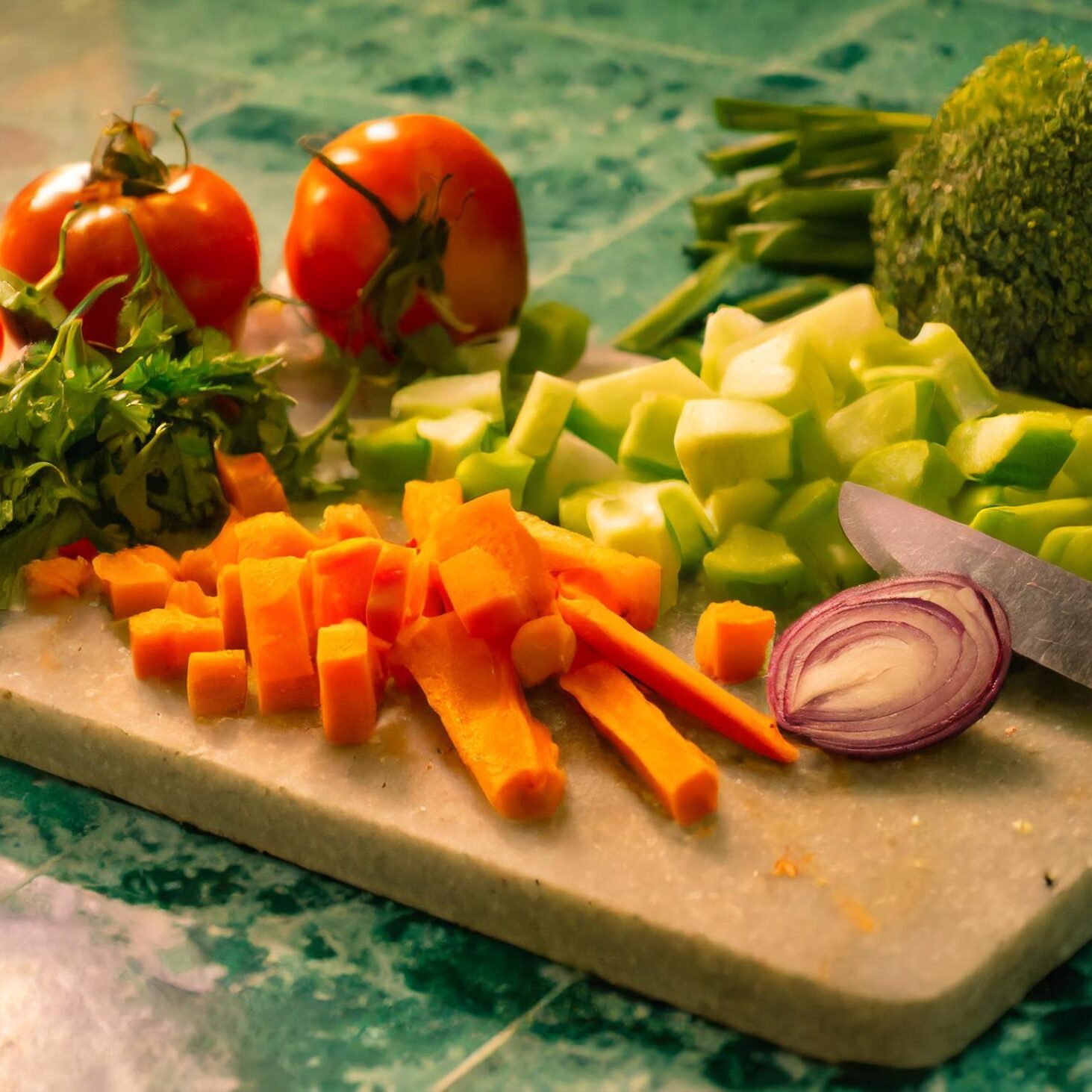 Firefly Close up professional photograph food shot of chopped vegetables on a chopping board. green