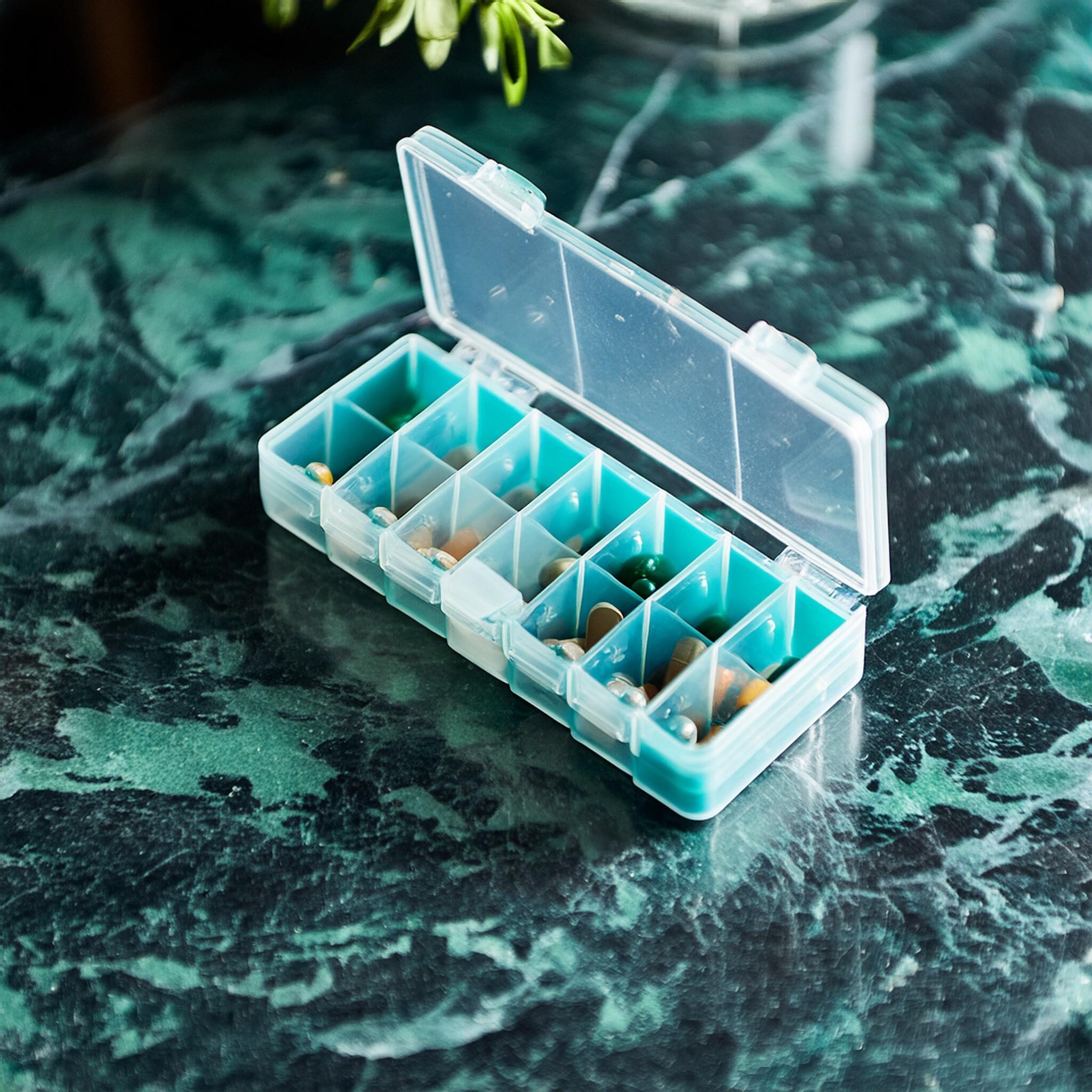 Firefly Close up professional photograph product shot of a pill box on a green marble kitchen table.